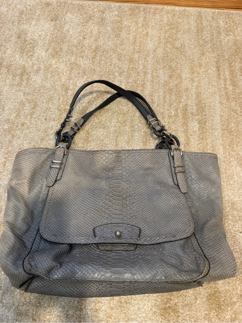 Coach Leather Gray Snakeskin Textured Shoulder Tote Bag for Women